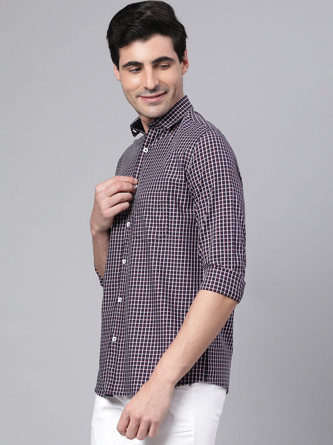 Men Navy Slim Fit Checkered Casual Shirt