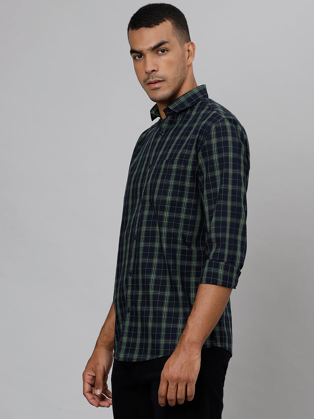 Men Navy Slim Fit Checkered Casual Shirt