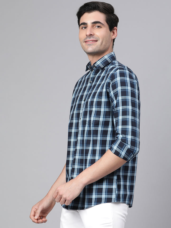 Men Navy Slim Fit Checkered Casual Shirt