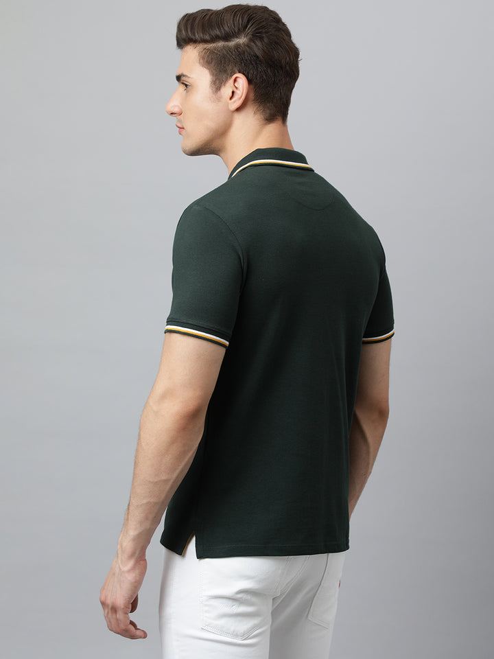 Men Forest Green Regular Fit Solid Polo Neck T-Shirt