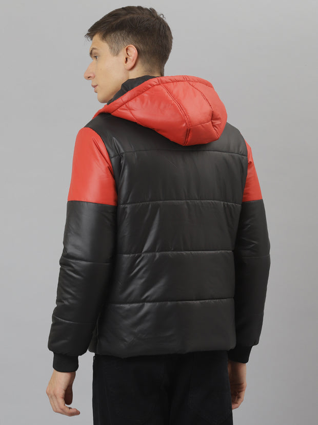 Men Black Regular Fit Puffer Color Blocked Hooded Jacket