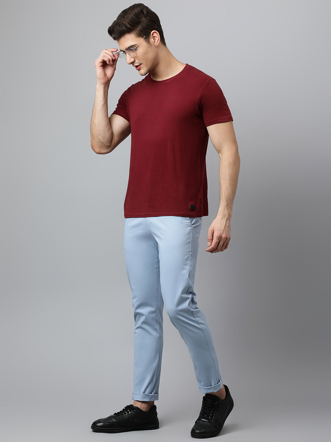 Men Light Blue  Slim Fit Mid Rise Solid Casual Trouser