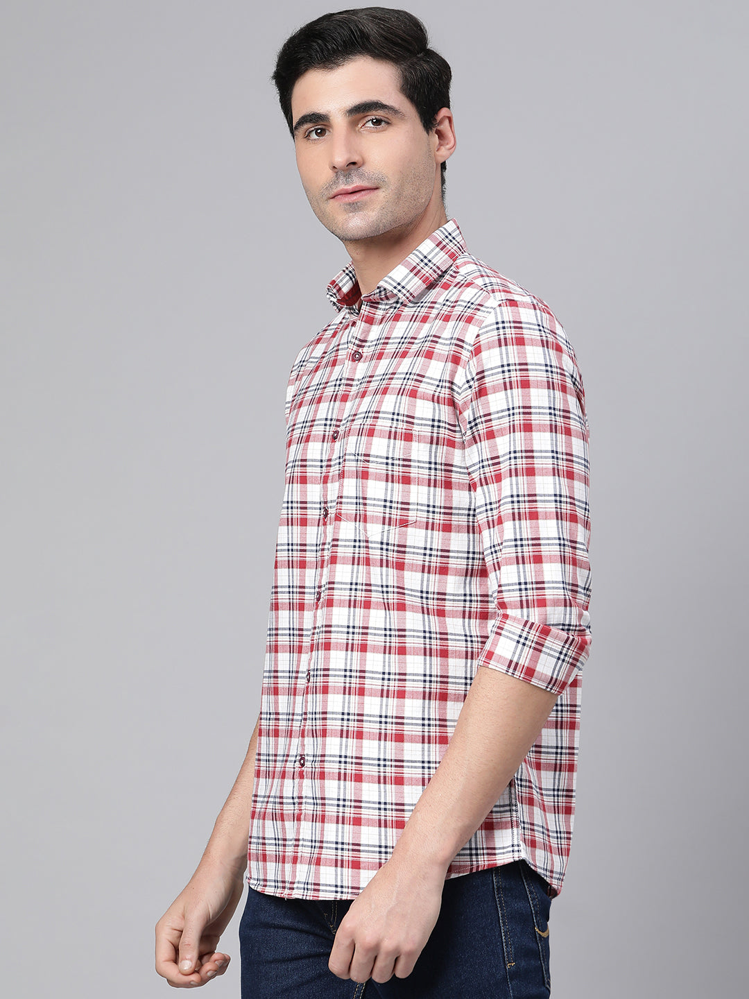 Men Red Slim Fit Checkered Casual Shirt