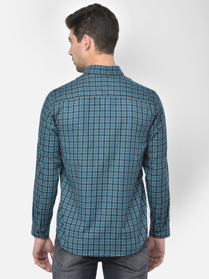 Men Teal Blue Slim Fit Checkered Casual Shirt