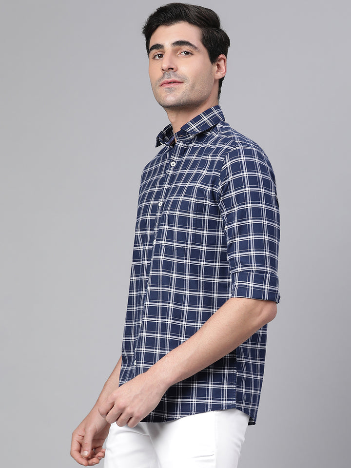 Men Navy Slim Fit Checkered Casual Shirt