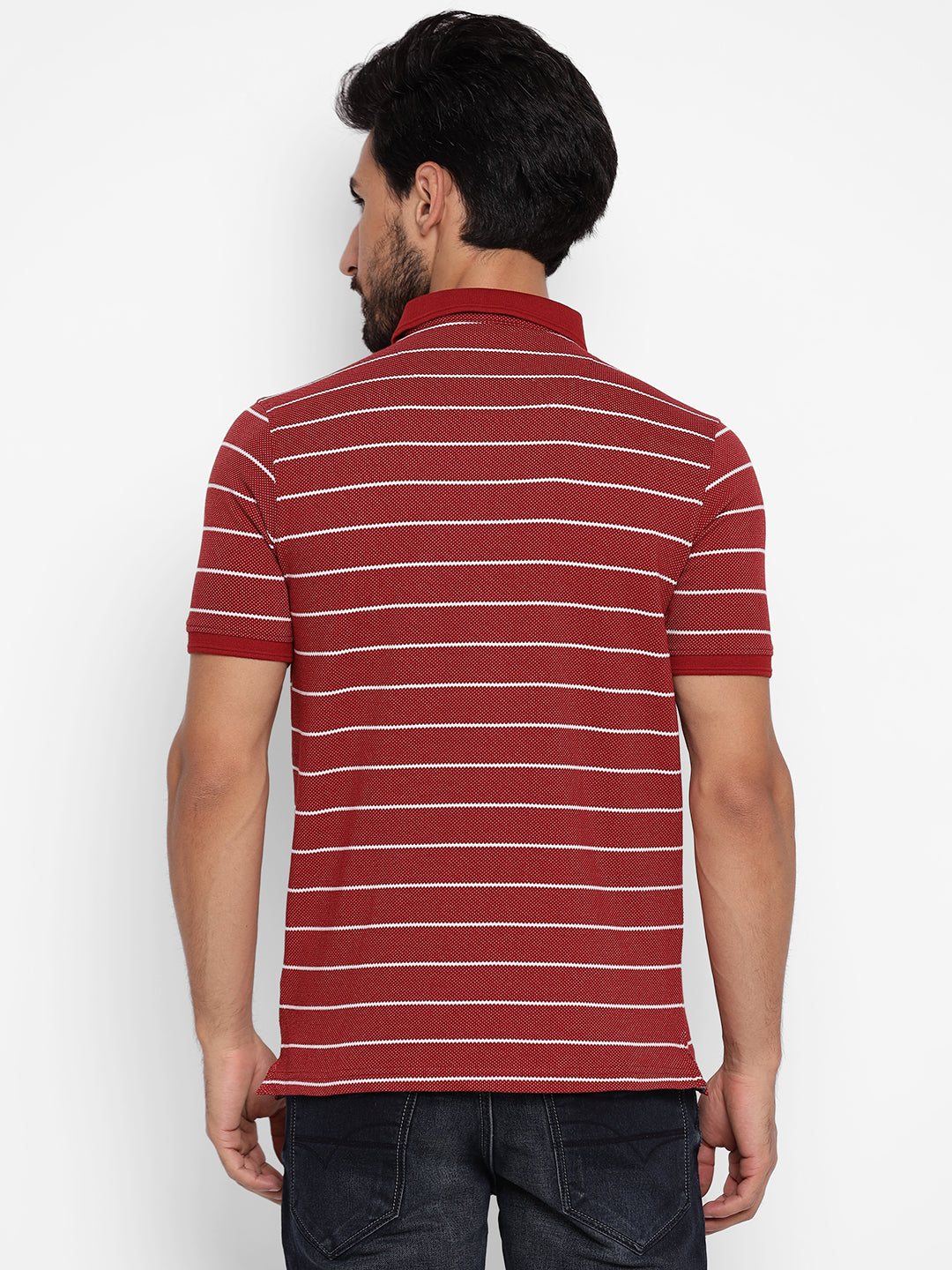 Maroon Regular Fit Striped Polo Neck T-Shirt