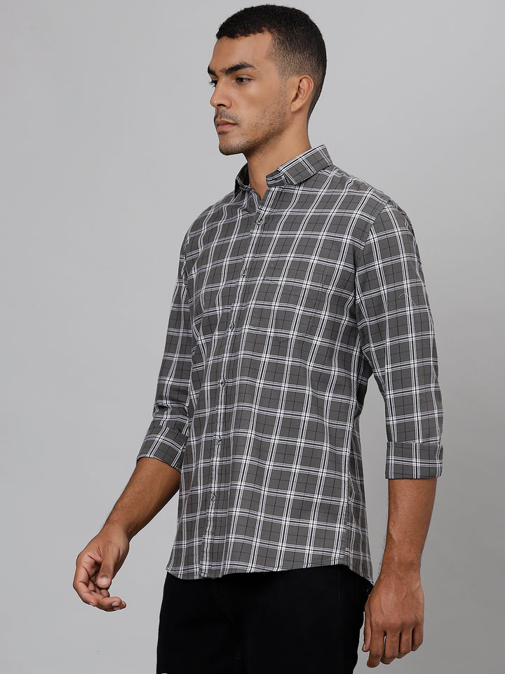 Men Grey Slim Fit Checkered Casual Shirt