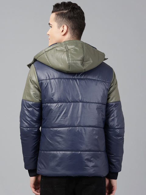 Men Navy Regular Fit Puffer Color Blocked Hooded Jacket