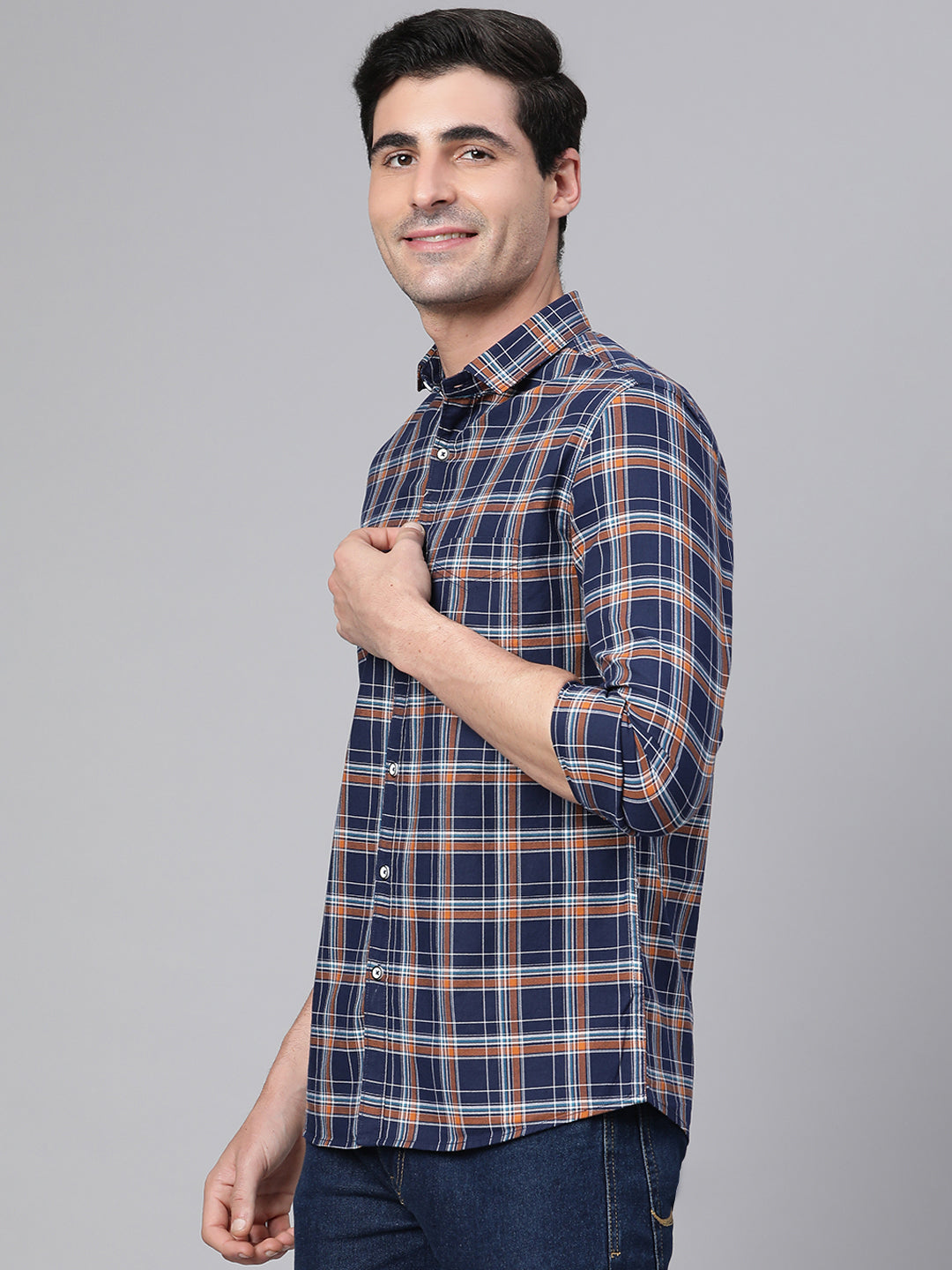 Men Rust Slim Fit Checkered Casual Shirt