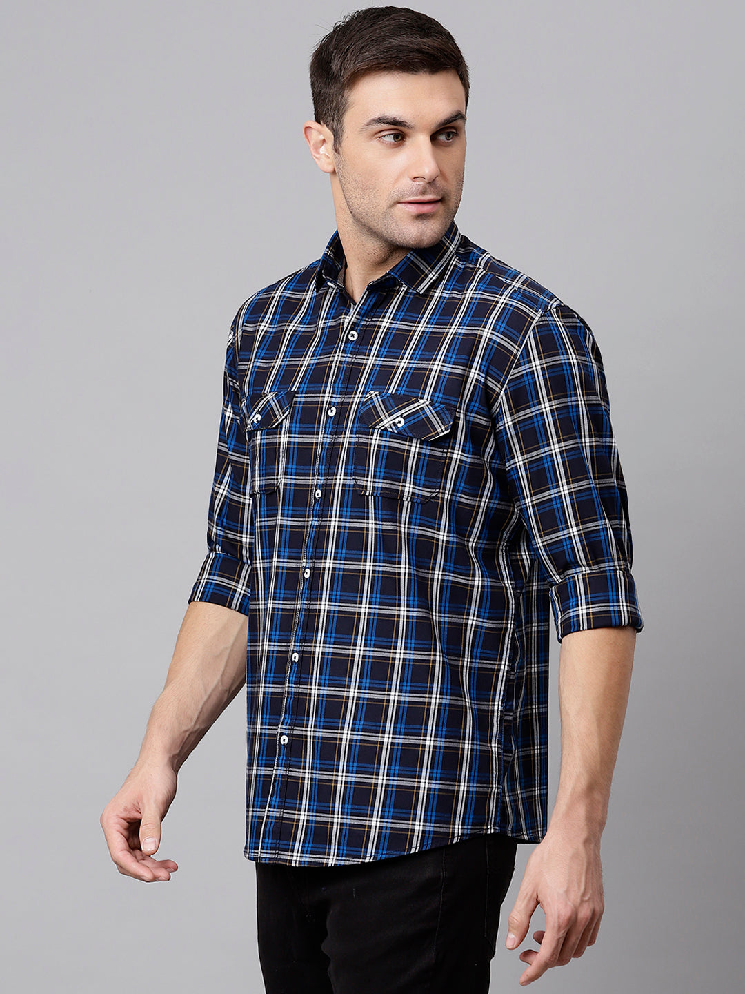 Men Blue Slim Fit Checkered Casual Shirt