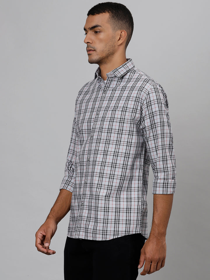 Men Light Grey Slim Fit Checkered Casual Shirt