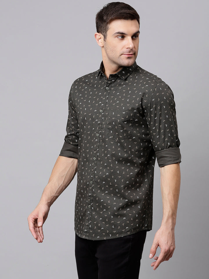 Men Olive Slim Fit Printed Casual Shirt