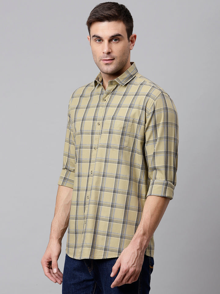 Men Light Khaki  Slim Fit Checkered Casual Shirt