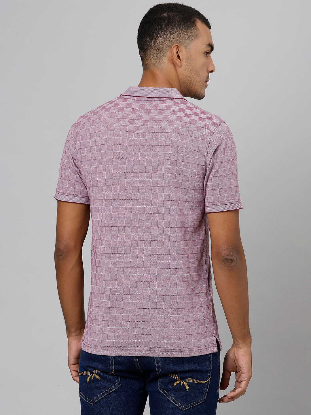 Men Pink Regular Fit Checkered Polo Neck T-Shirt