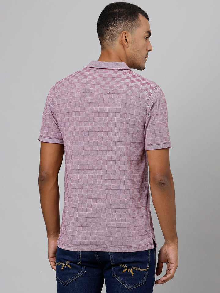 Men Pink Regular Fit Checkered Polo Neck T-Shirt