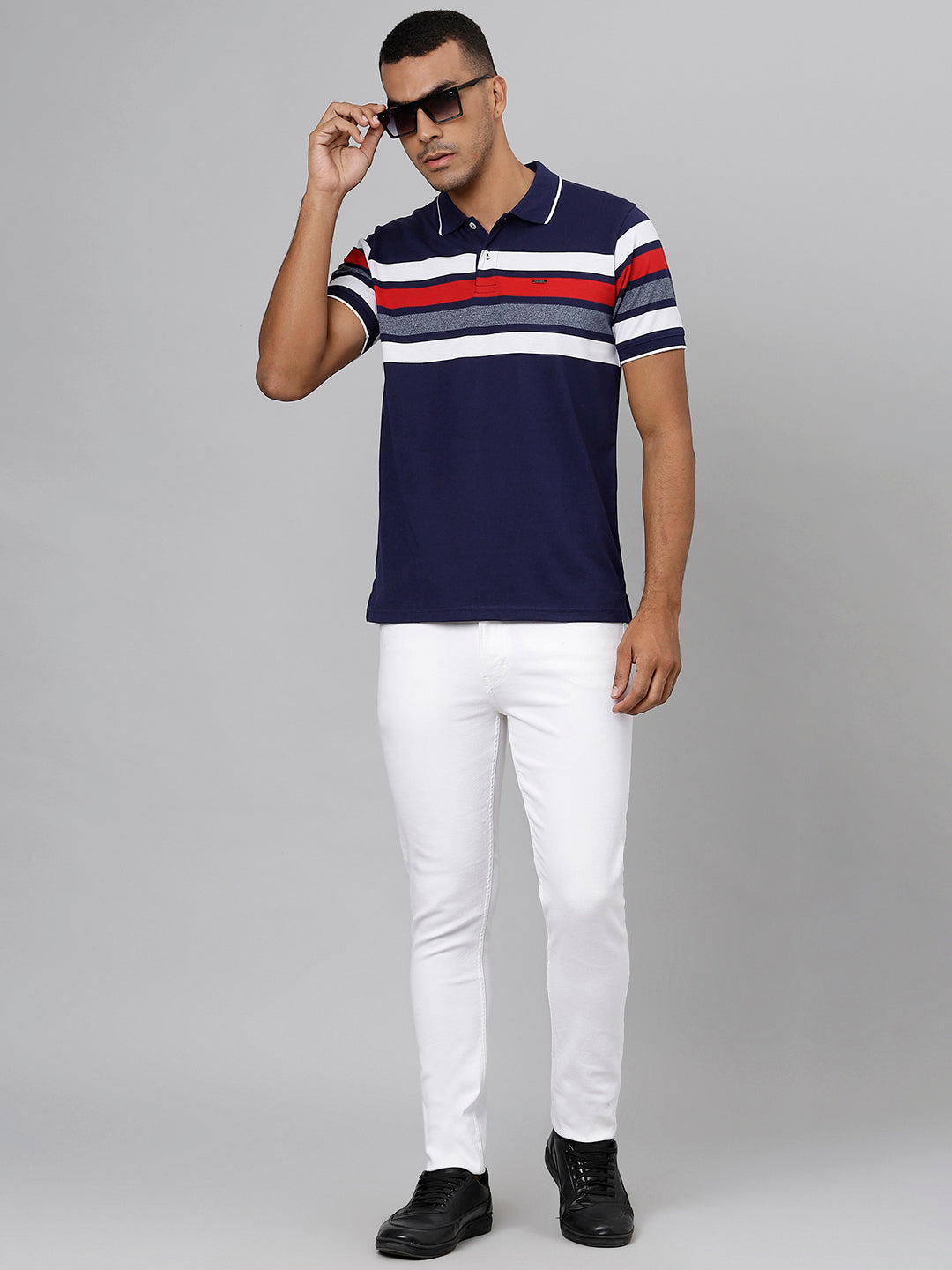 Men Navy Regular Fit Striped Polo Neck T-Shirt