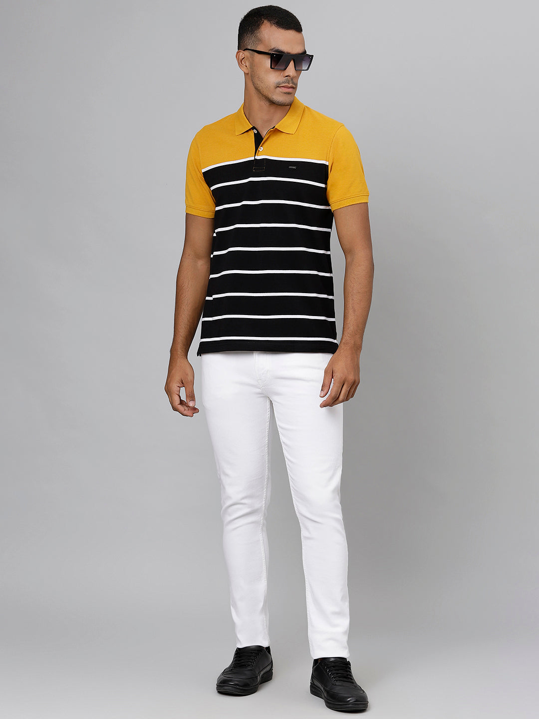 Men Mustard Black Regular Fit Striped Polo Neck T-Shirt