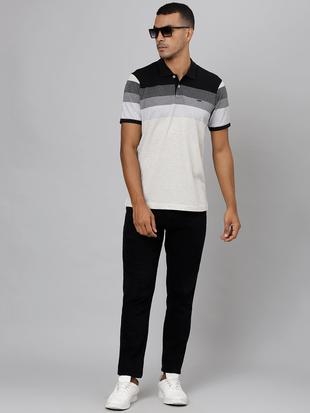 Men Ecru Regular Fit Striped Polo Neck T-Shirt