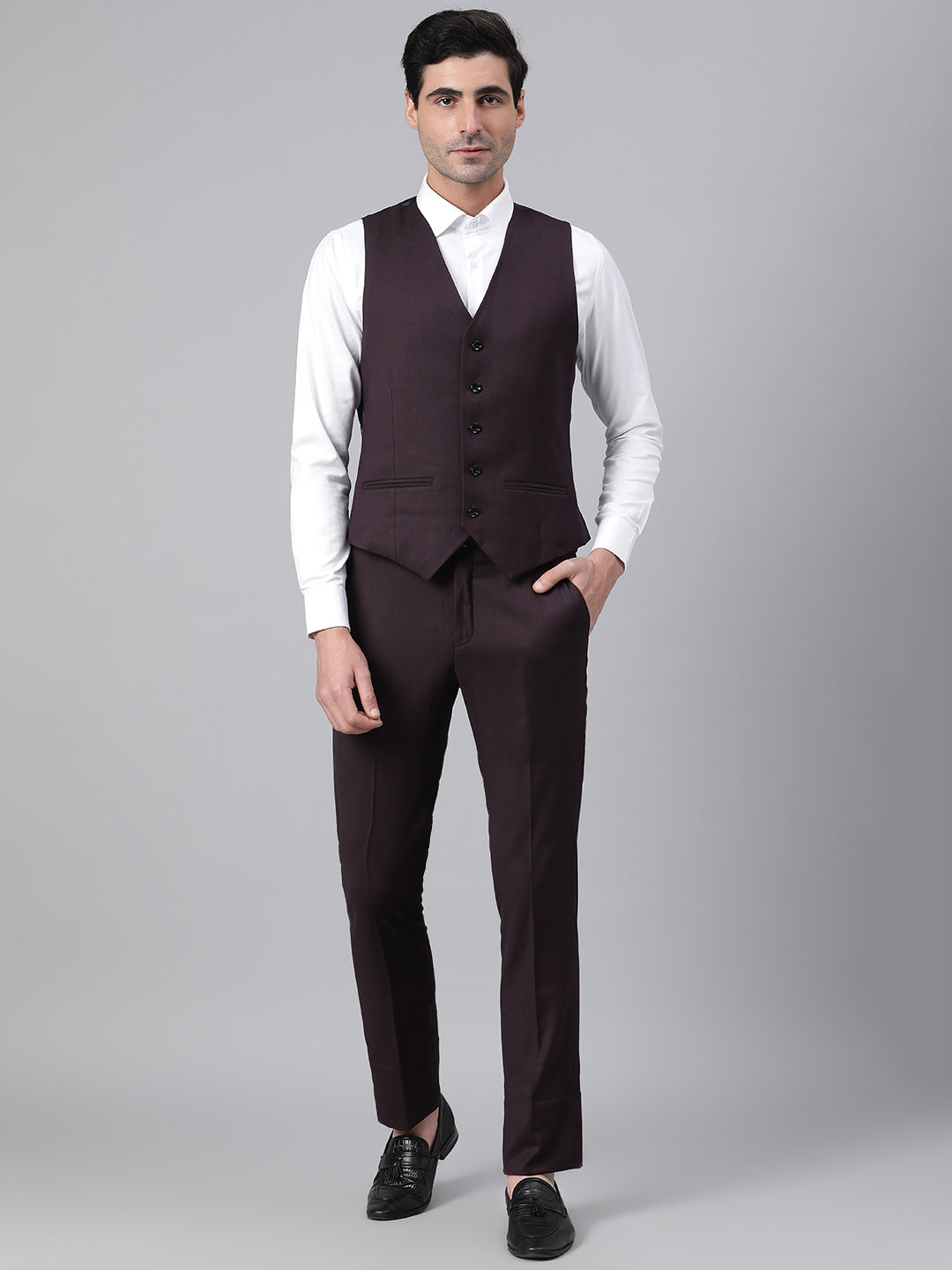 Men Wine 3 Piece Solid Formal Suit with a detachable lapel