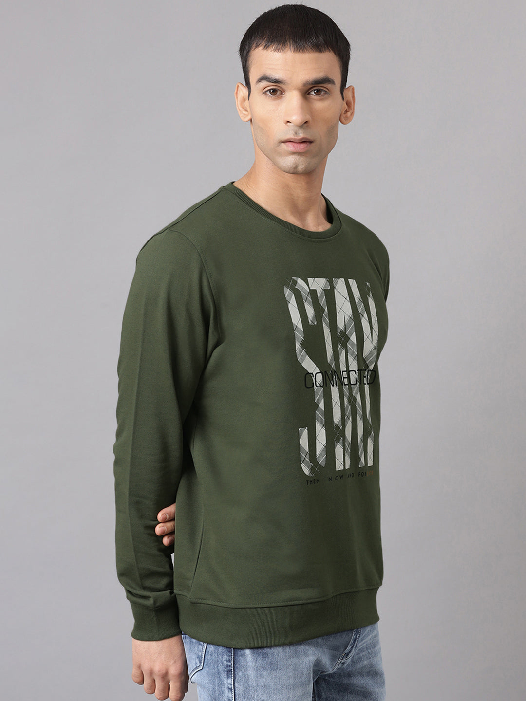 Men Olive Regular Fit Crew Neck Sweat Shirt