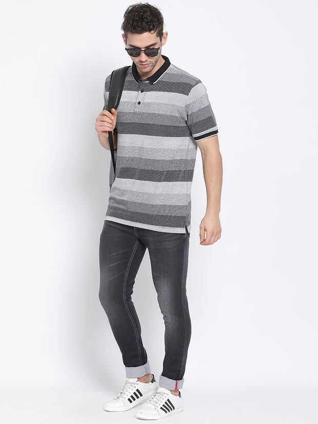 Men Black White Regular Fit Striped Polo Neck T-Shirt