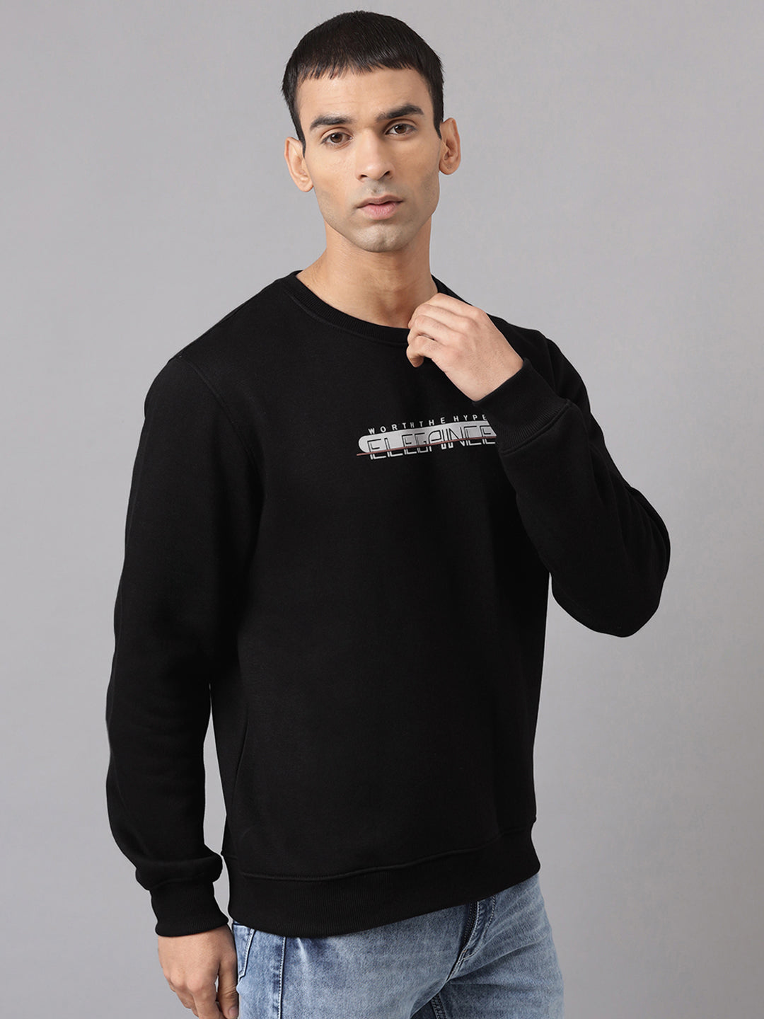 Men Black Regular Fit Crew Neck Sweat Shirt