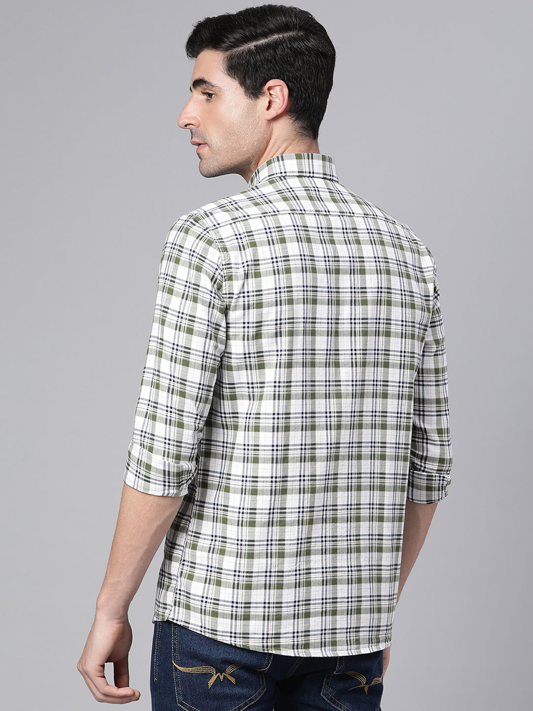 Men Olive Slim Fit Checkered Casual Shirt