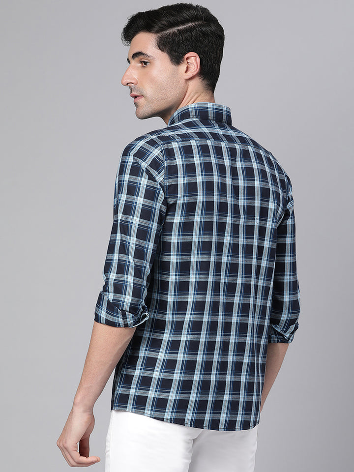 Men Navy Slim Fit Checkered Casual Shirt