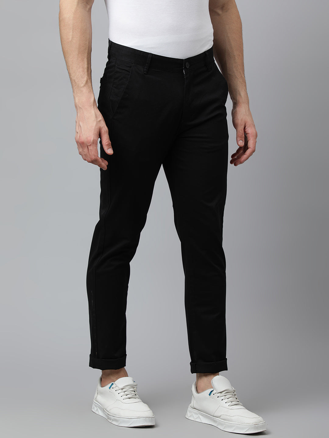 Men Black Slim Fit Mid Rise Solid Casual Trouser