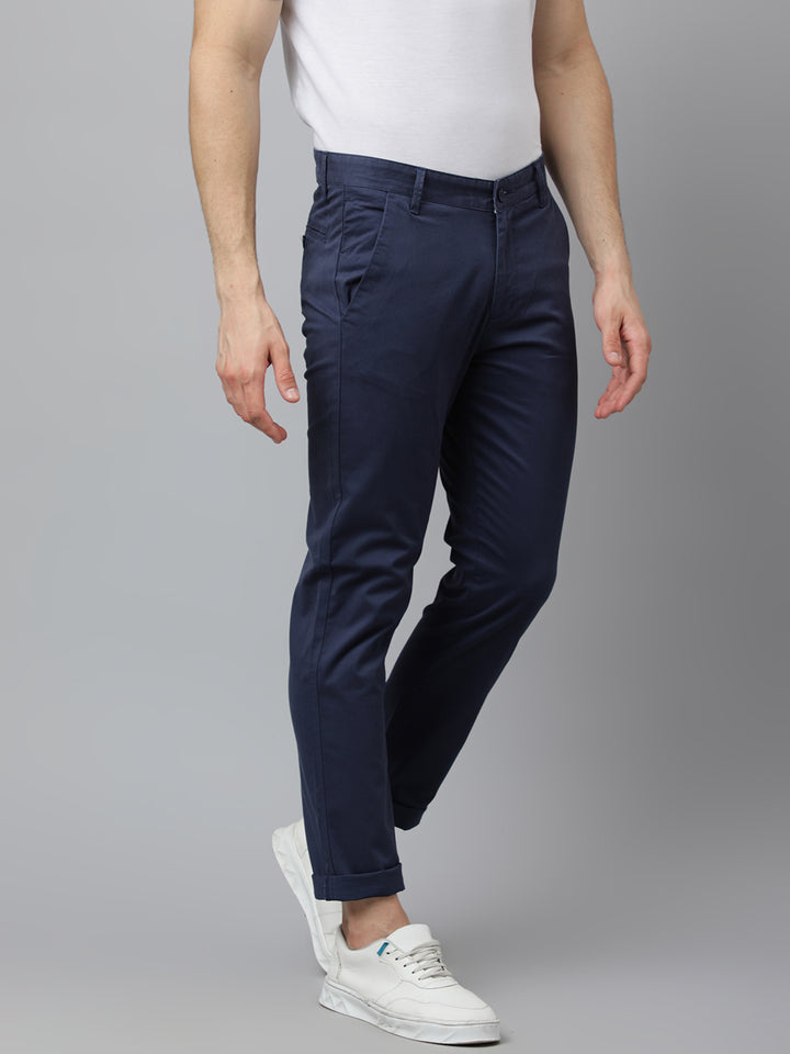 Men Navy Slim Fit Mid Rise Solid Casual Trouser