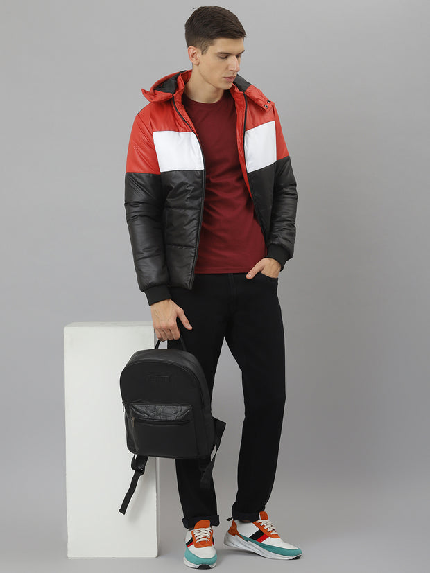 Men Black Regular Fit Puffer Color Blocked Hooded Jacket