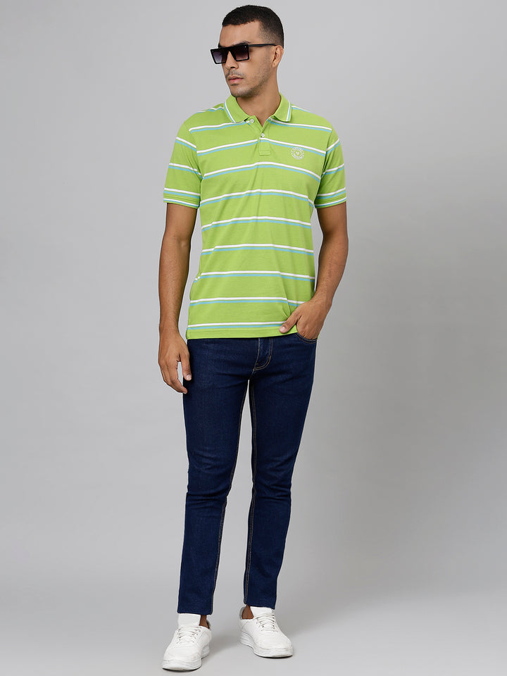 Men Green White Regular Fit Striped Polo Neck T-Shirt