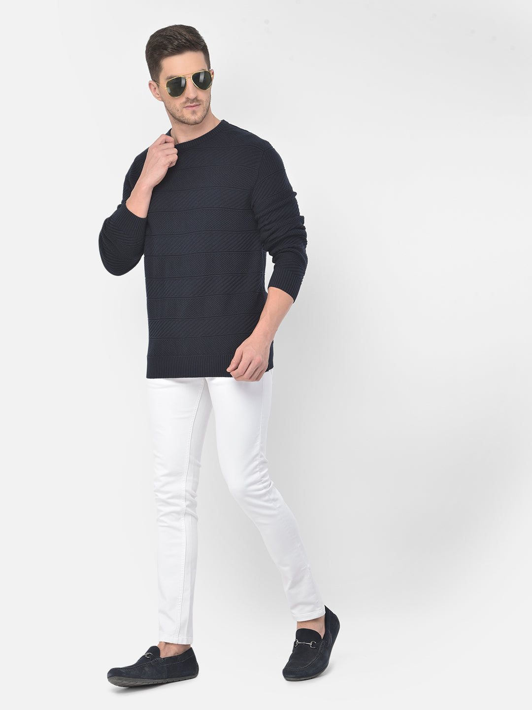 Men Navy Blue Regular Fit Round Neck Full Sleeve Sweater