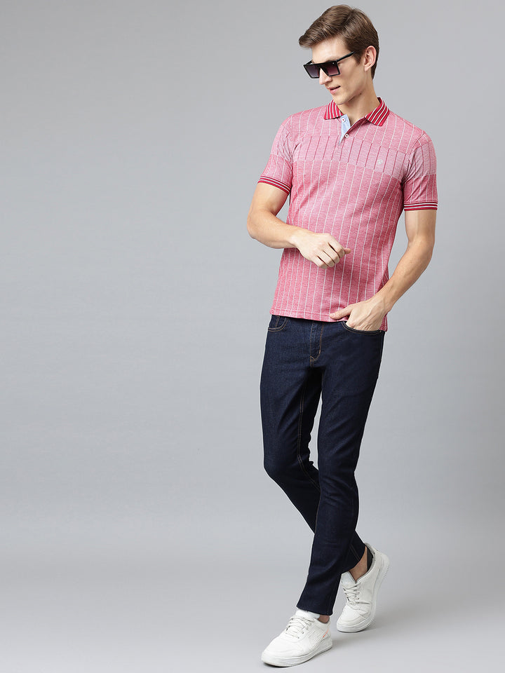 Men Red Regular Fit Striped Polo Neck T-Shirt