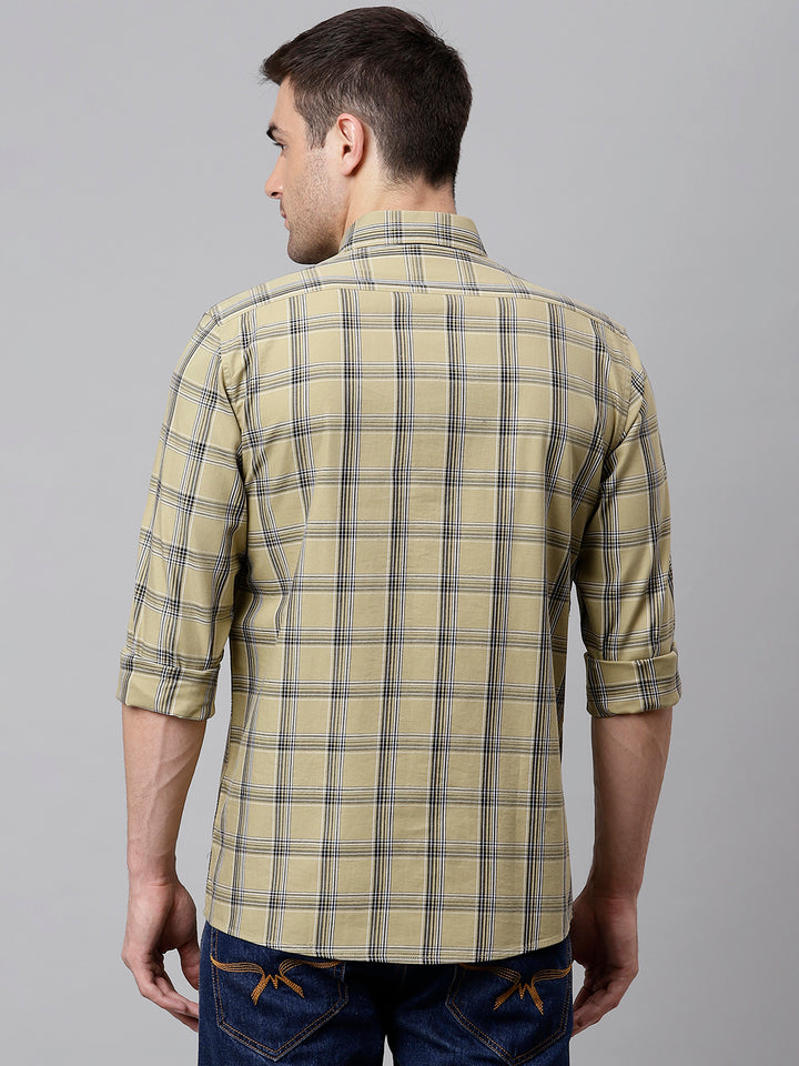 Men Light Khaki  Slim Fit Checkered Casual Shirt