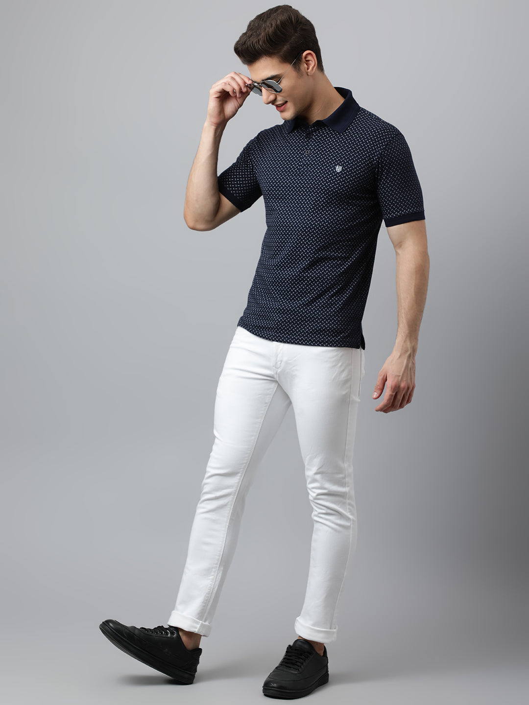 Men Navy Regular Fit Printed Polo Neck T-Shirt