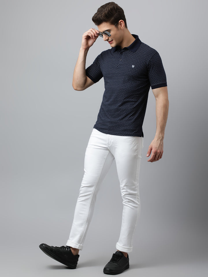 Men Navy Regular Fit Printed Polo Neck T-Shirt