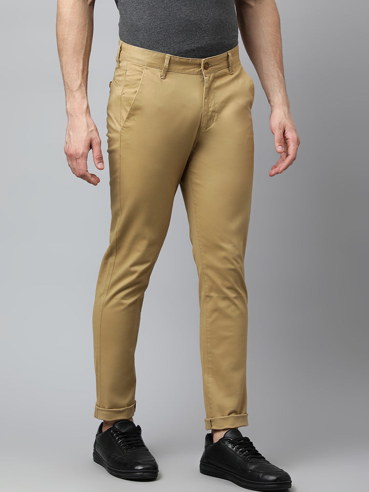 Men Khaki Slim Fit Mid Rise Solid Casual Trouser