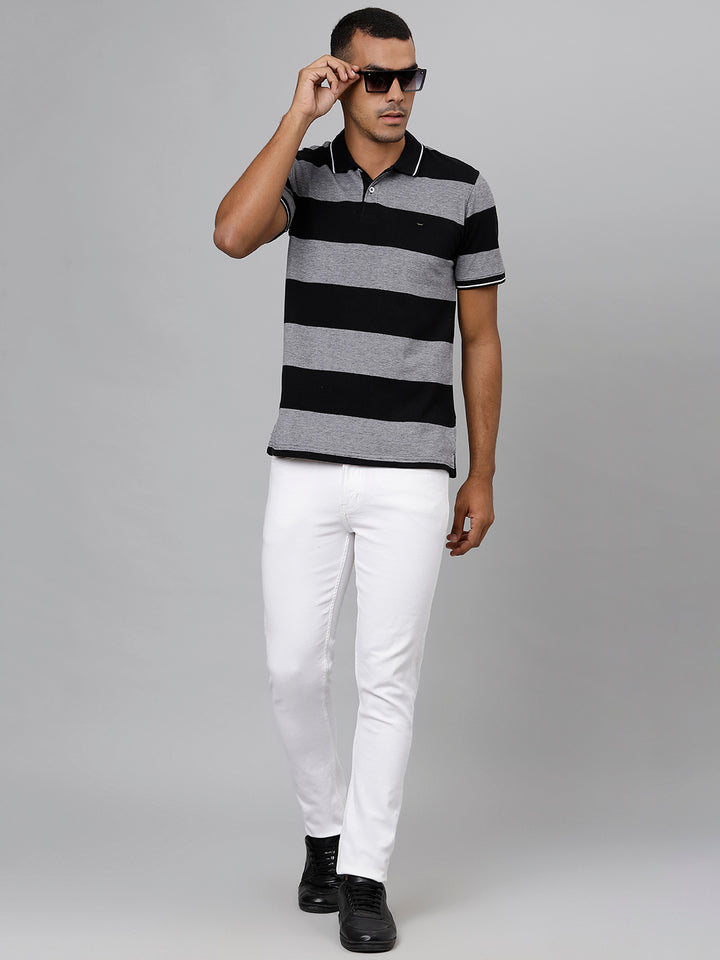 Men Grey Jet Black Regular Fit Striped Polo Neck T-Shirt