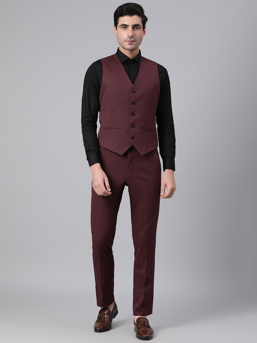 Men Wine 3 Piece Solid Formal Suit