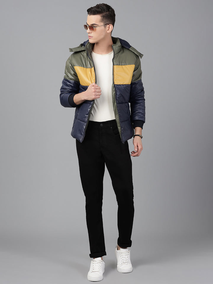 Men Navy Regular Fit Puffer Color Blocked Hooded Jacket