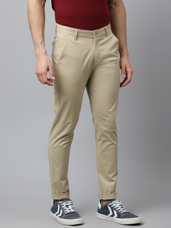 Men Light Khaki  Slim Fit Mid Rise Solid Casual Trouser