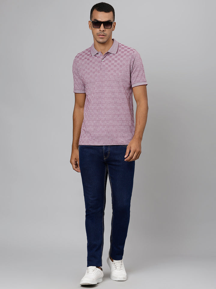 Men Pink Regular Fit Checkered Polo Neck T-Shirt