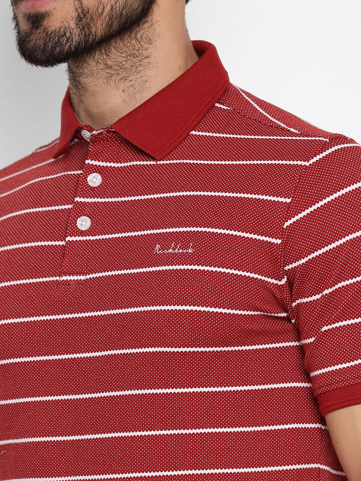 Maroon Regular Fit Striped Polo Neck T-Shirt