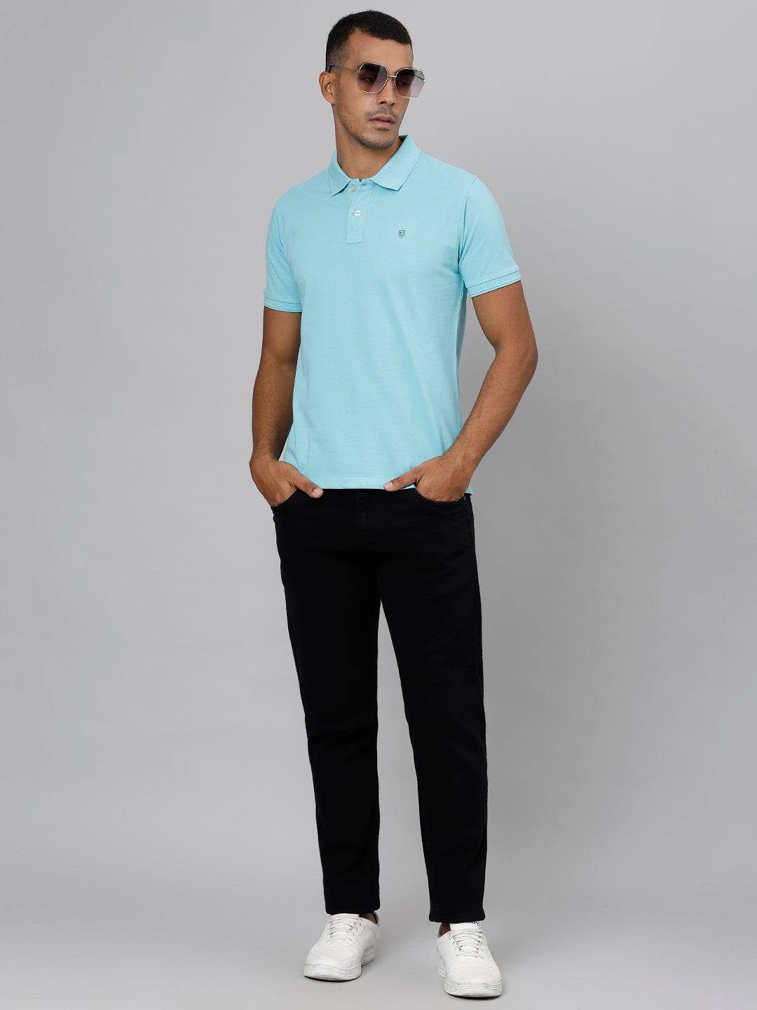 Men Sea Blue Regular Fit Solid Polo Neck T-Shirt