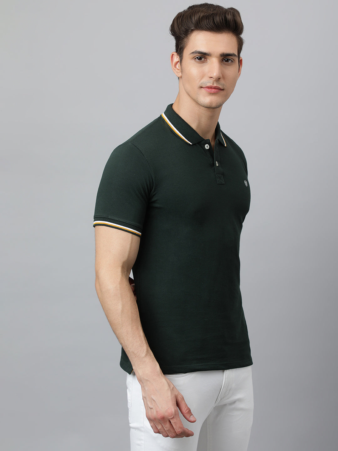 Men Forest Green Regular Fit Solid Polo Neck T-Shirt