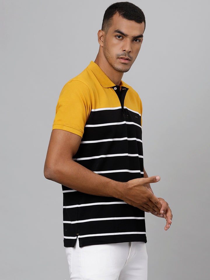 Men Mustard Black Regular Fit Striped Polo Neck T-Shirt