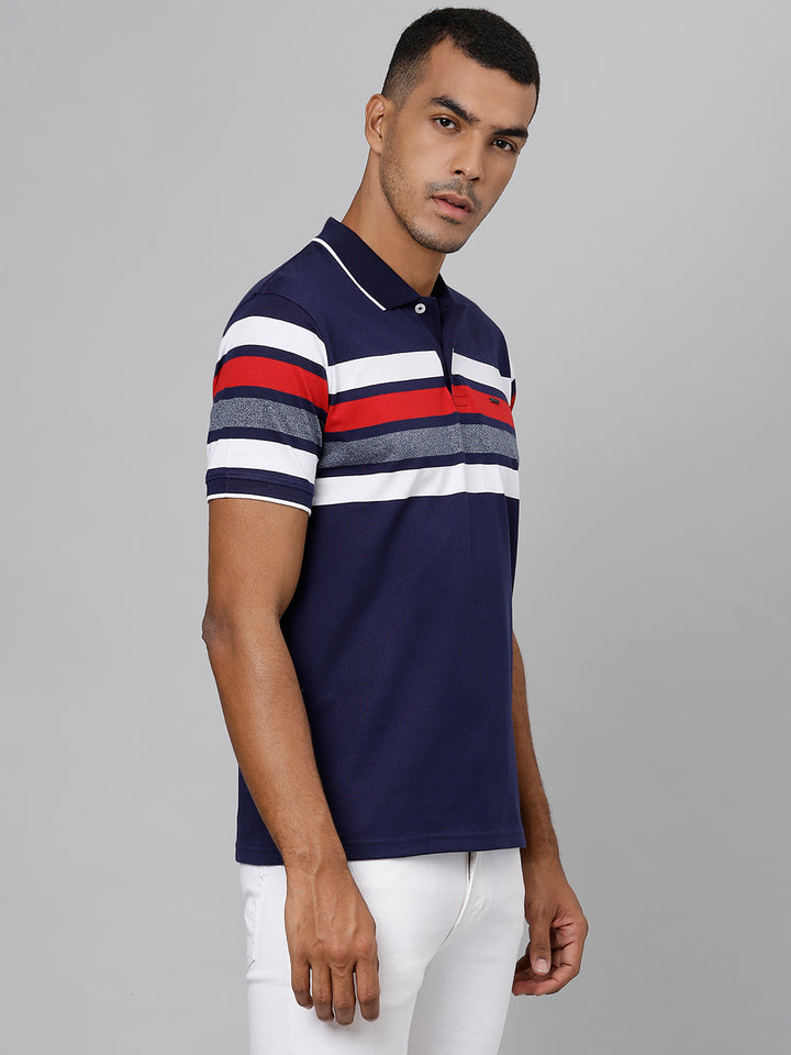 Men Navy Regular Fit Striped Polo Neck T-Shirt