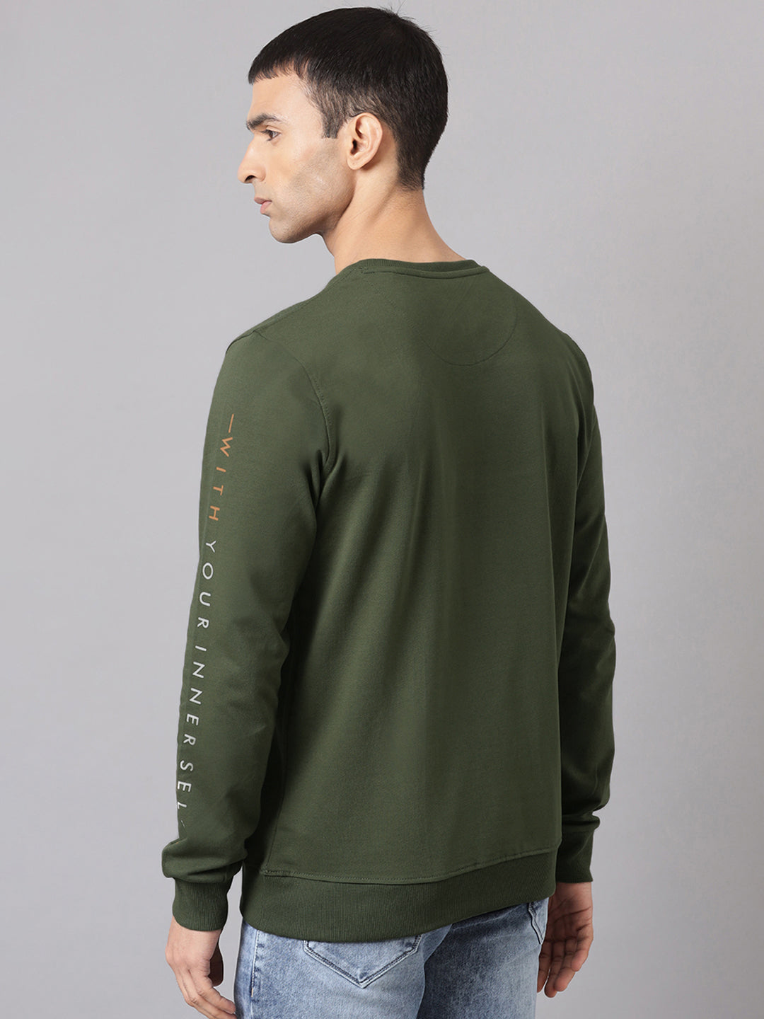 Men Olive Regular Fit Crew Neck Sweat Shirt