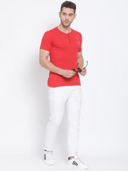 Men Red Regular Fit Solid Henley Neck T-Shirt